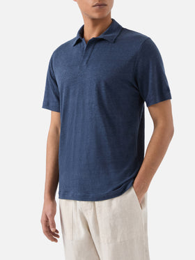 Polo Fraser in puro lino blu navy tinta unita
