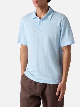 Light blue Fraser polo in pure linen solid color