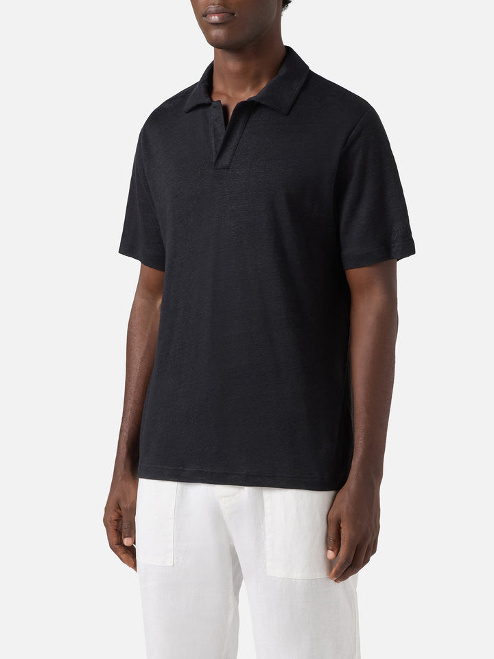 Black Fraser polo in pure linen solid color