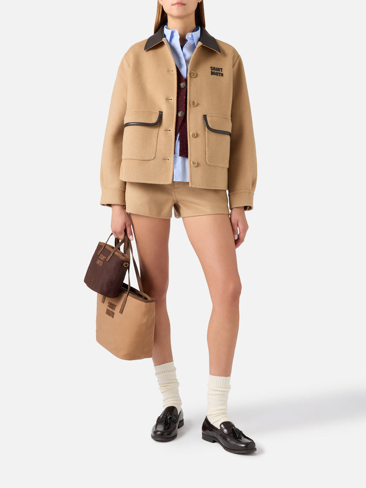 Shorts Elva beige in doppio tessuto di misto lana