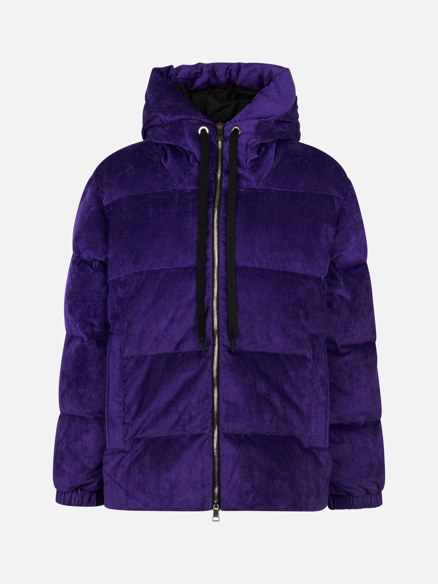 Woman purple corduroy down padded jacket with hoodie