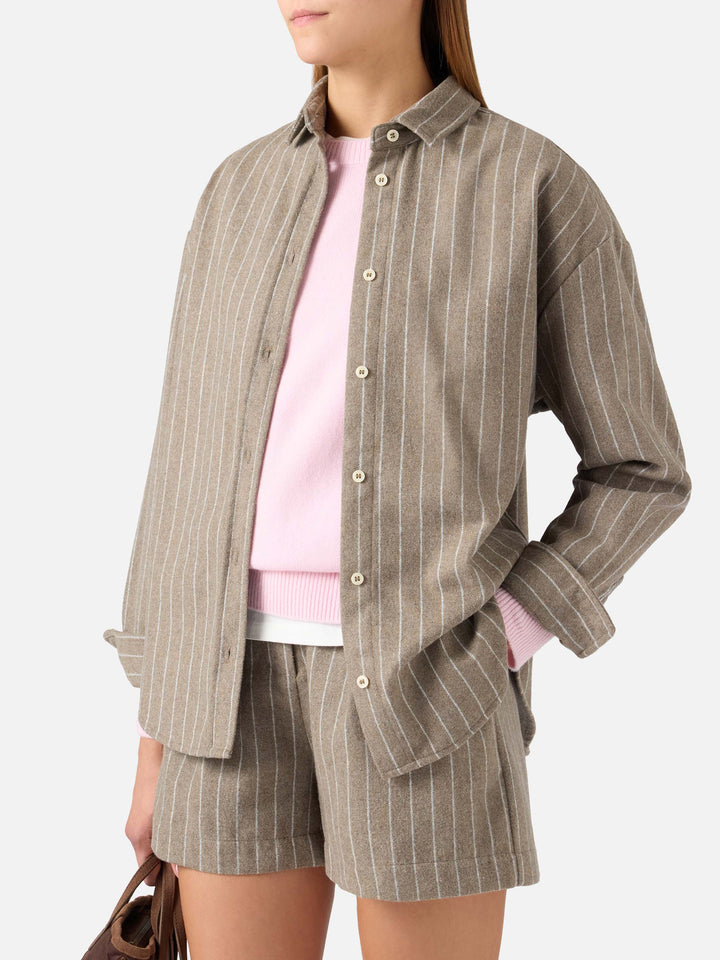 Beige Gigy wool blend flannel shirt with pinstripes and rhinestone logo