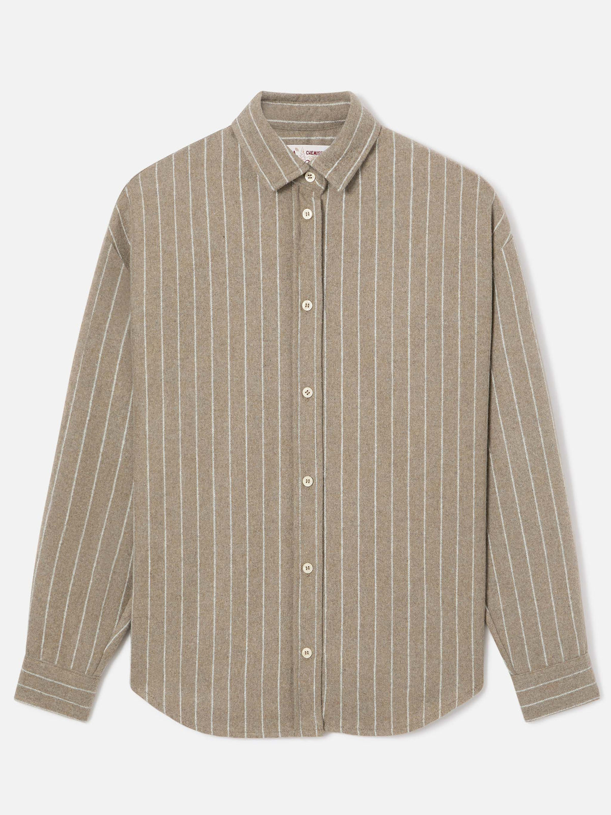 Camisa de franela de mezcla de lana Gigy Beige con rayas diplomáticas y logotipo de strass 