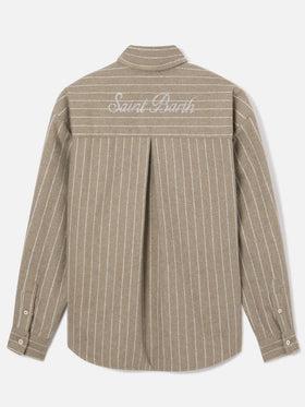 Camisa de franela de mezcla de lana Gigy Beige con rayas diplomáticas y logotipo de strass 