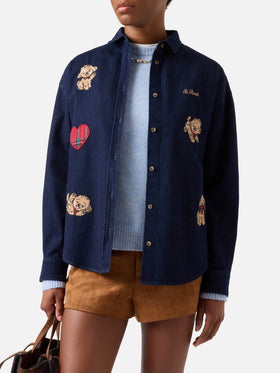 Blue Chemise Gigy en denim de coton avec broderie caniche 