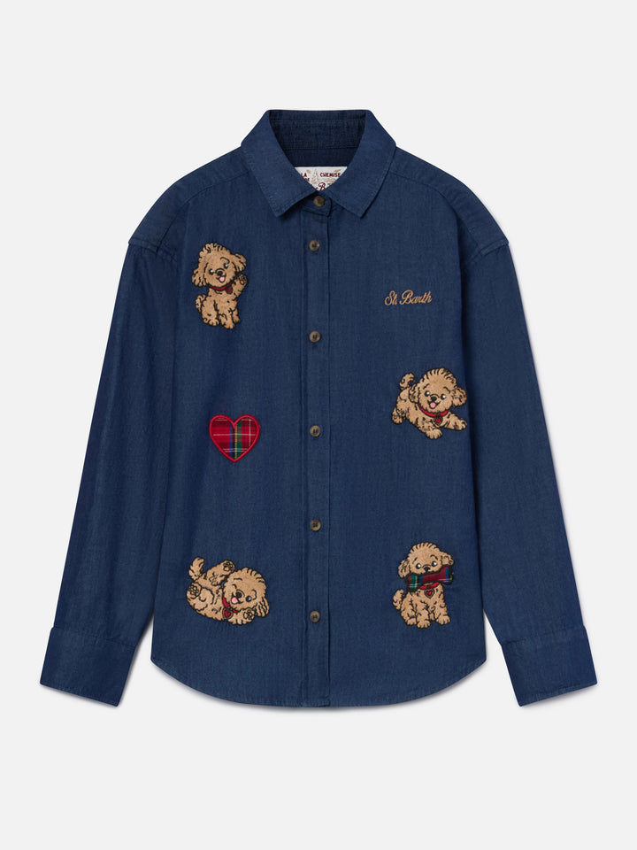 Camicia Gigy azzurra in denim di cotone con ricamo barboncini