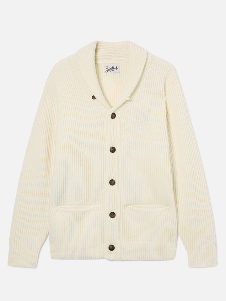 Off white Glasgow wool cardigan with shawl collar