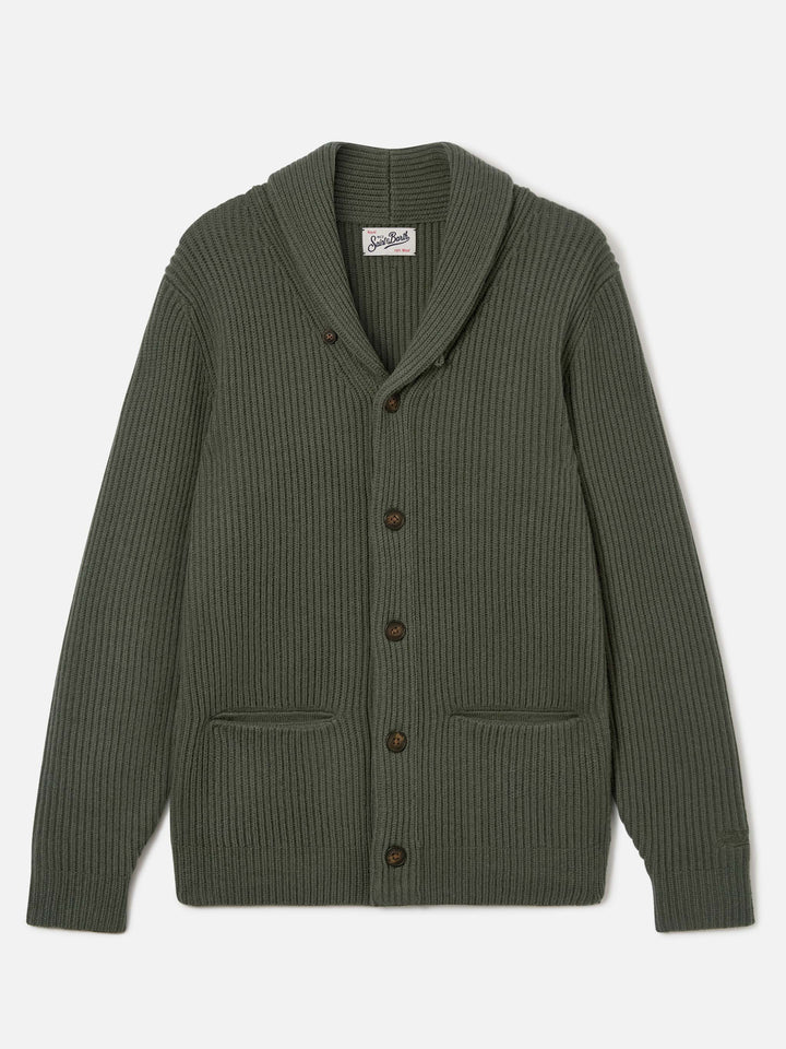 Green Glasgow wool cardigan with shawl collar