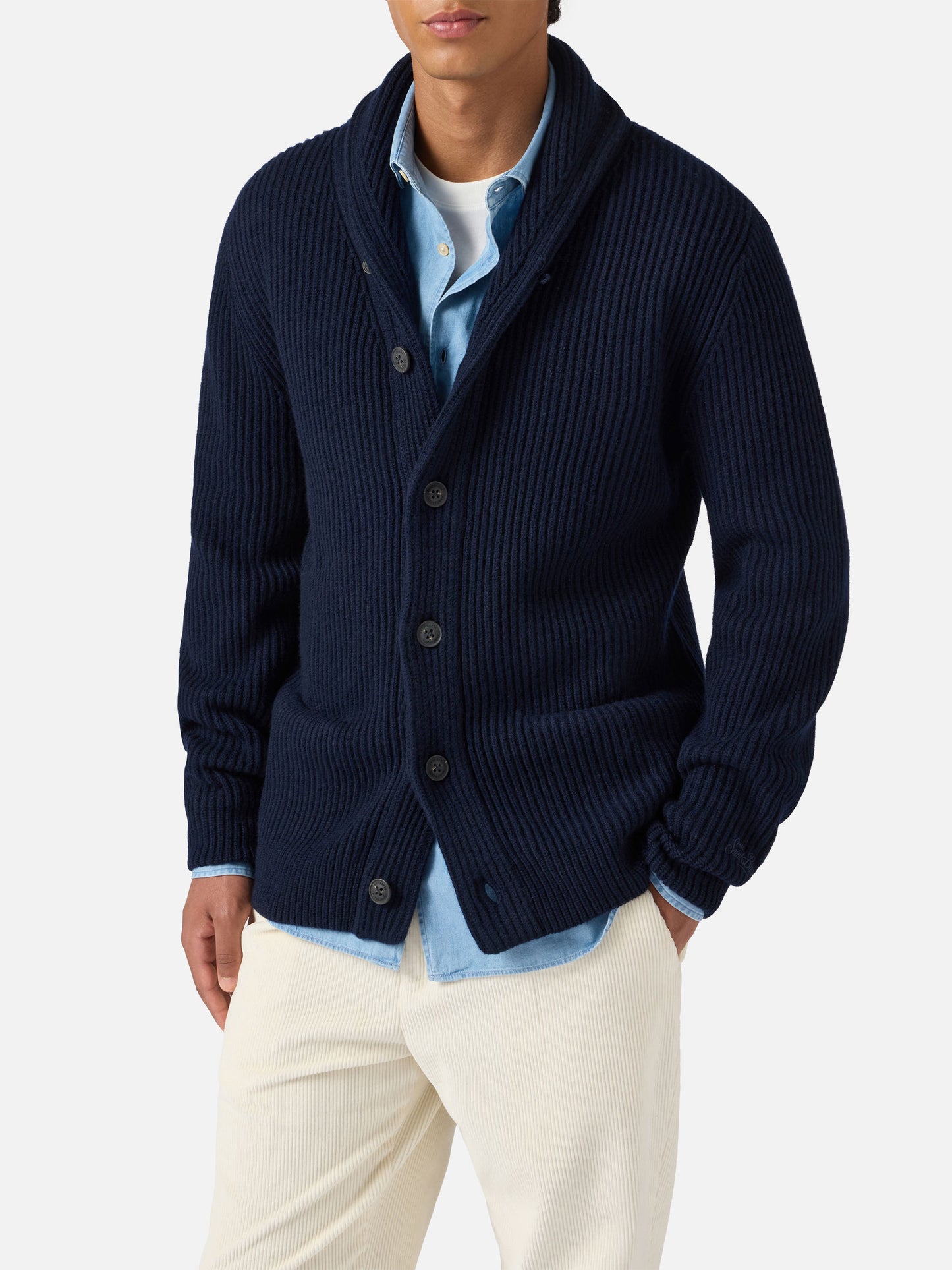 Cardigan Glasgow in lana blu notte