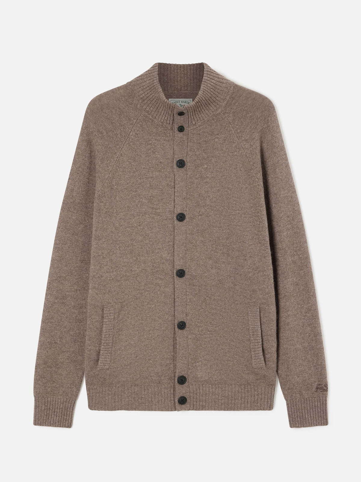 Cardigan Galway en laine d'agneau beige avec col montant 