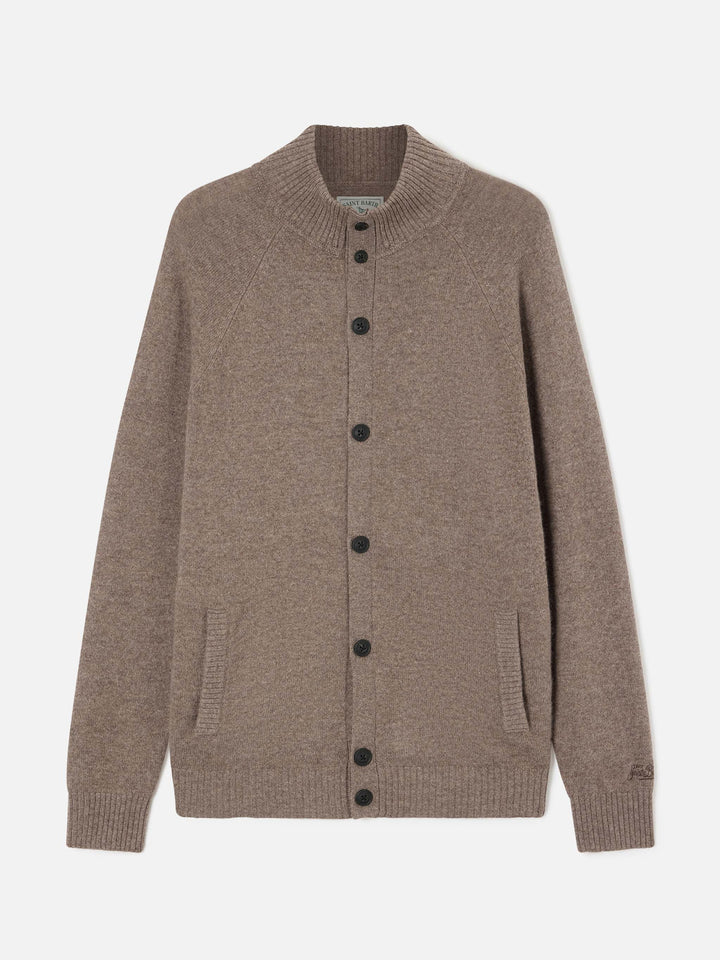 Cárdigan Galway de lana de cordero beige con cuello alto 