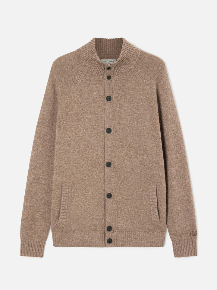 Cardigan Galway en laine d'agneau beige avec col montant 