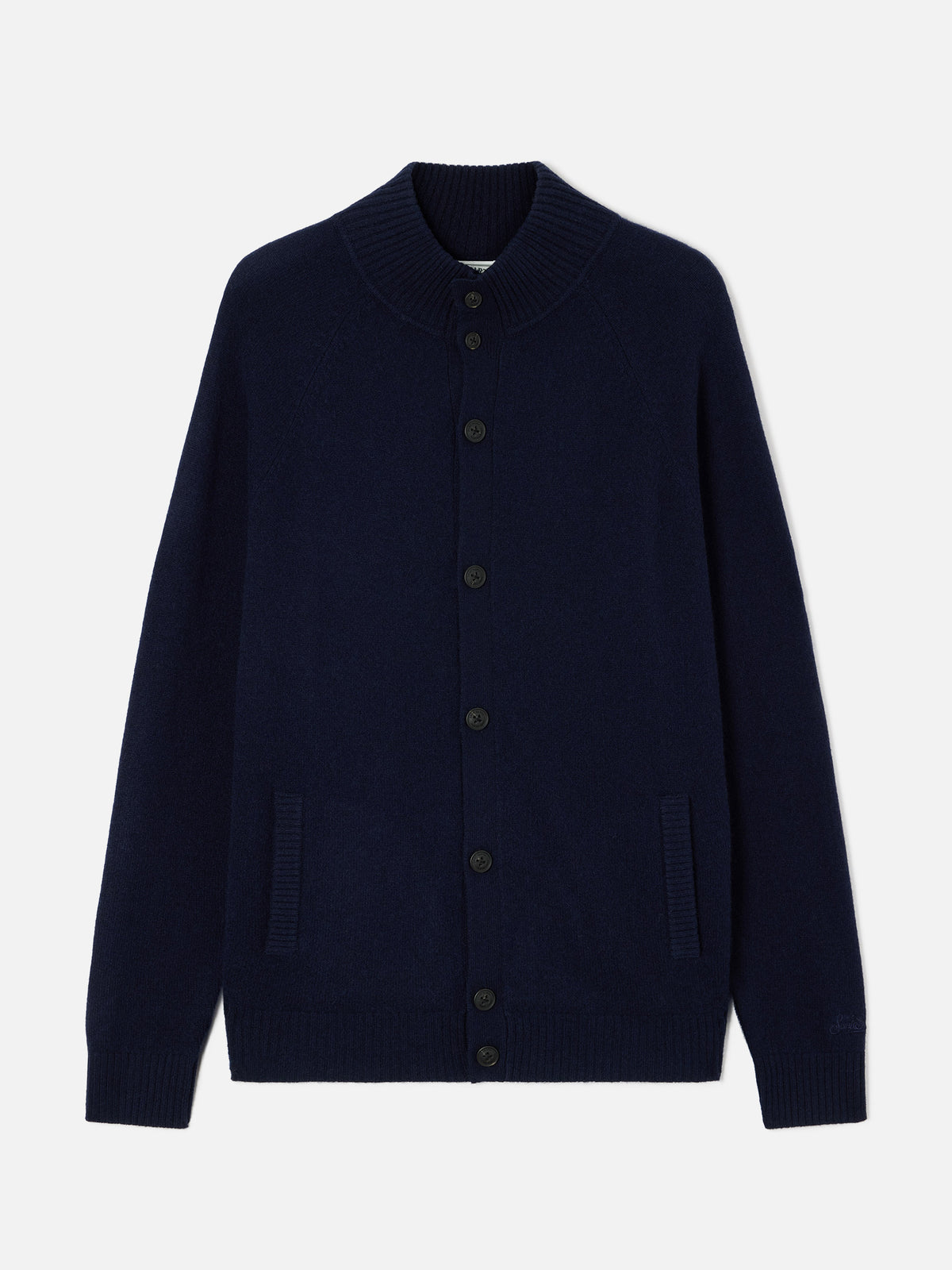Navy blue Galway lambswool cardigan with high collar