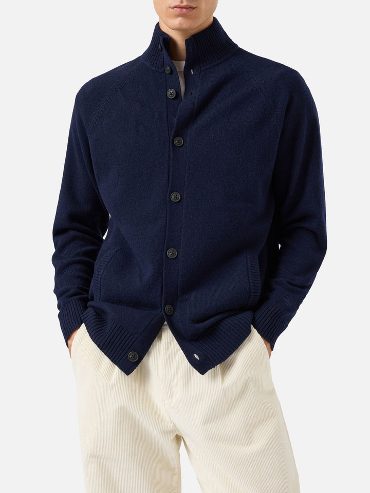 Navy blue Galway lambswool cardigan with high collar