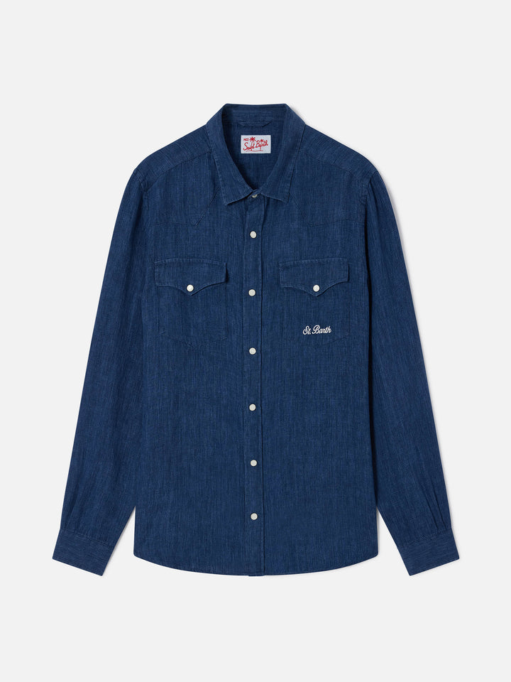 Camicia Greg in lino effetto denim blu