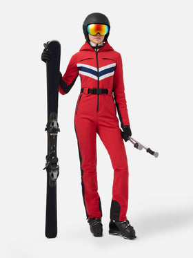 Woman red ski suit Garmisch with RECCO® technology