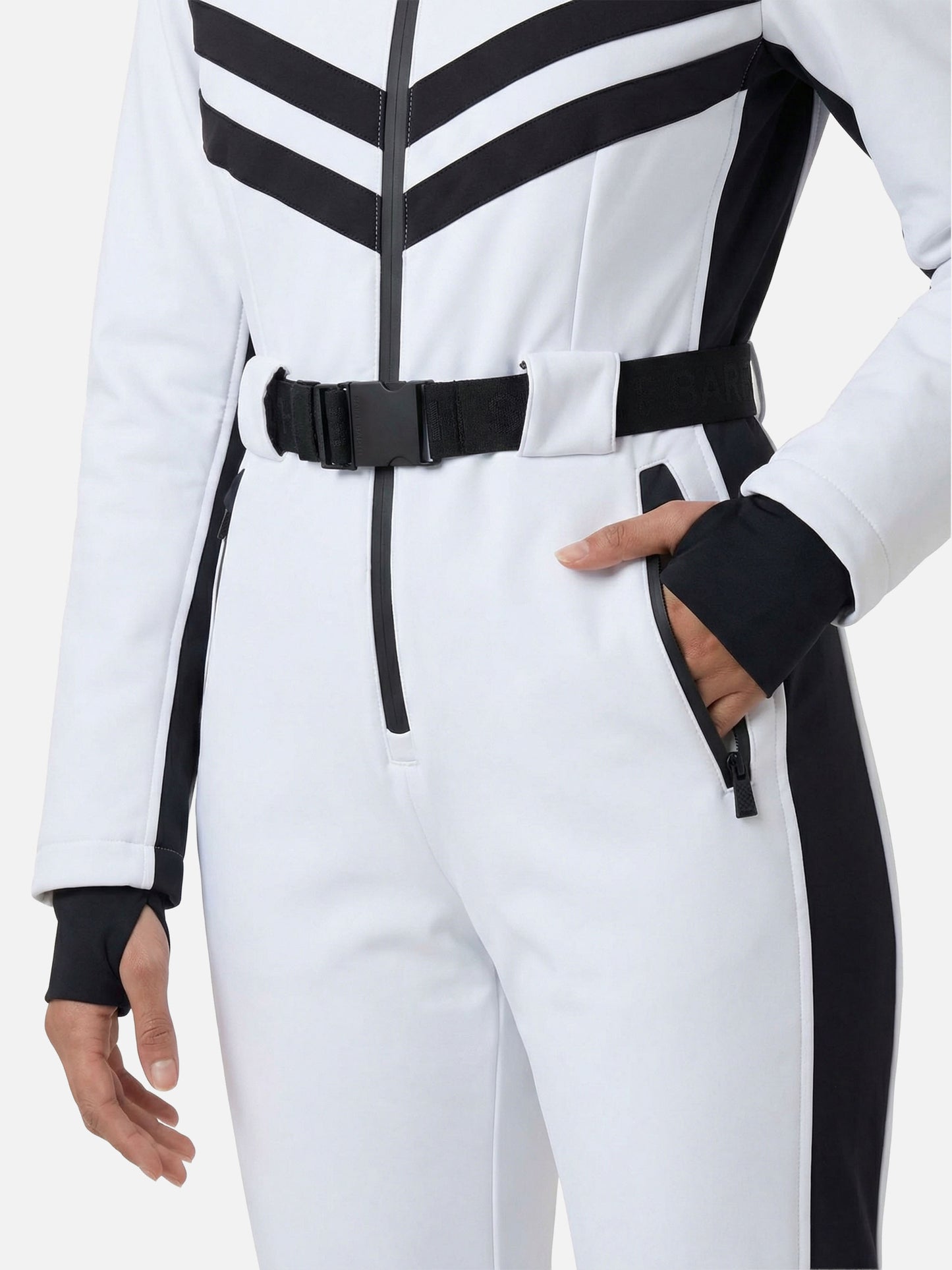 Woman white ski suit Garmisch with RECCO® technology