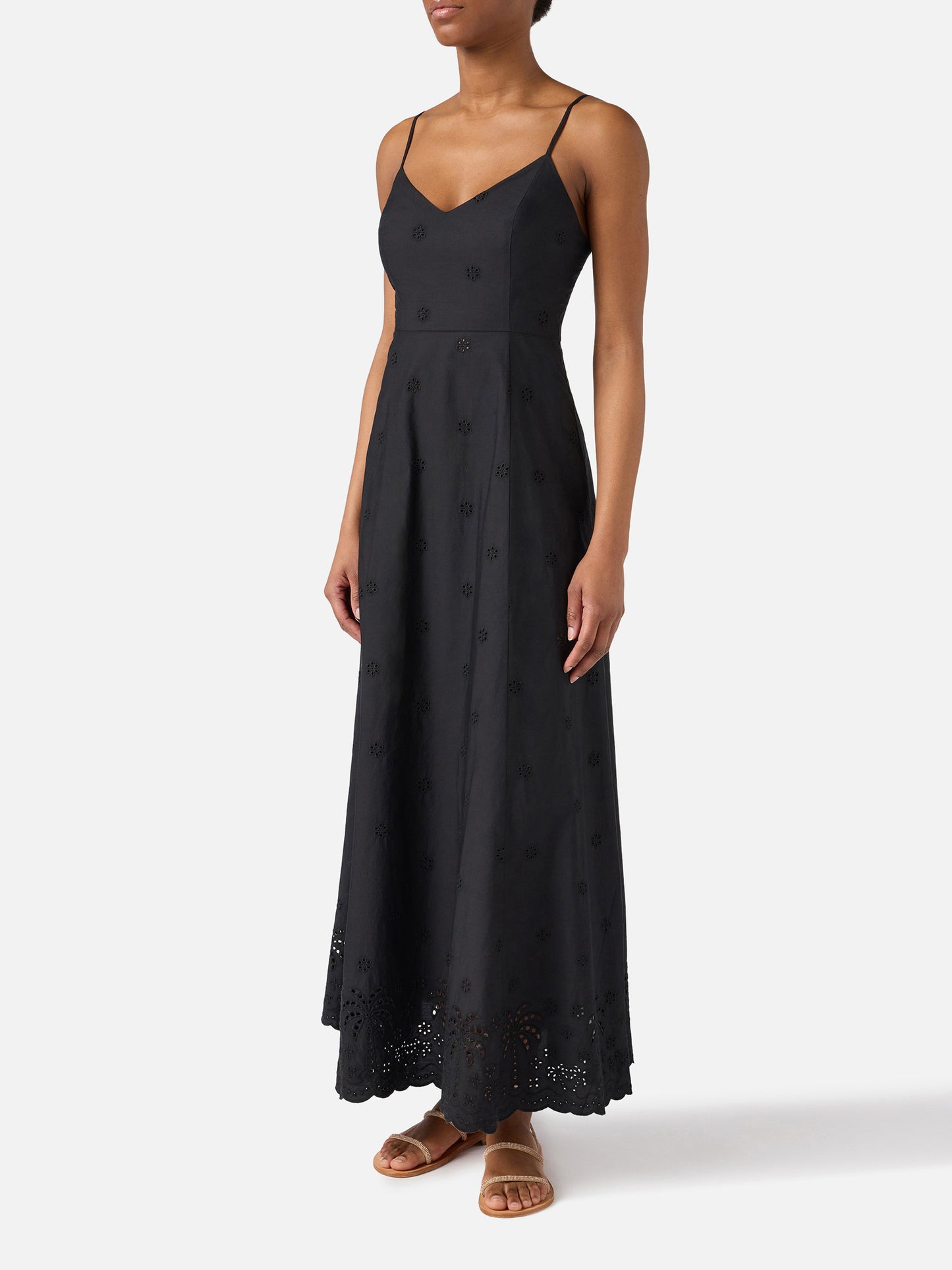 Long Guadalupe dress in black with embroidery