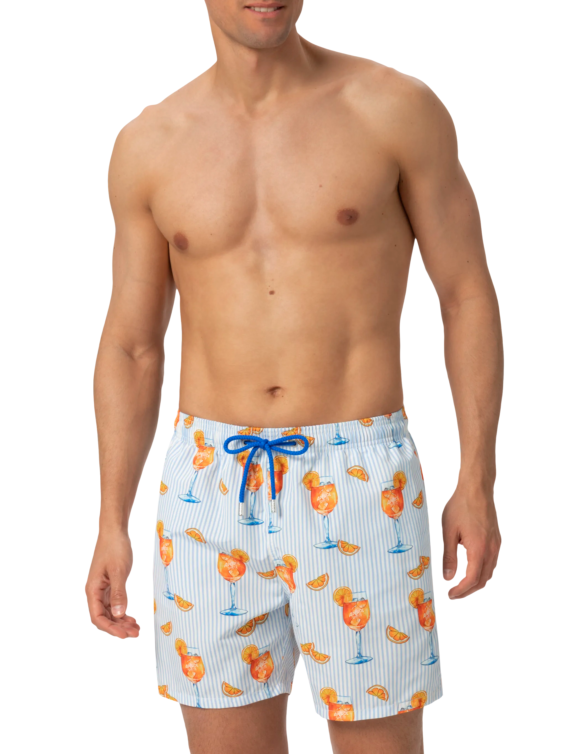 Mid-length Gustavia swim-shorts with Aperol Spritz and stripes print | APEROL SPECIAL EDITION - MC2 Saint Barth