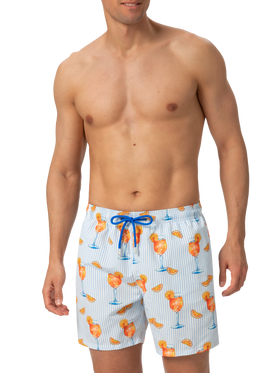 Mid-length Gustavia swim-shorts with Aperol Spritz and stripes print | APEROL SPECIAL EDITION - MC2 Saint Barth