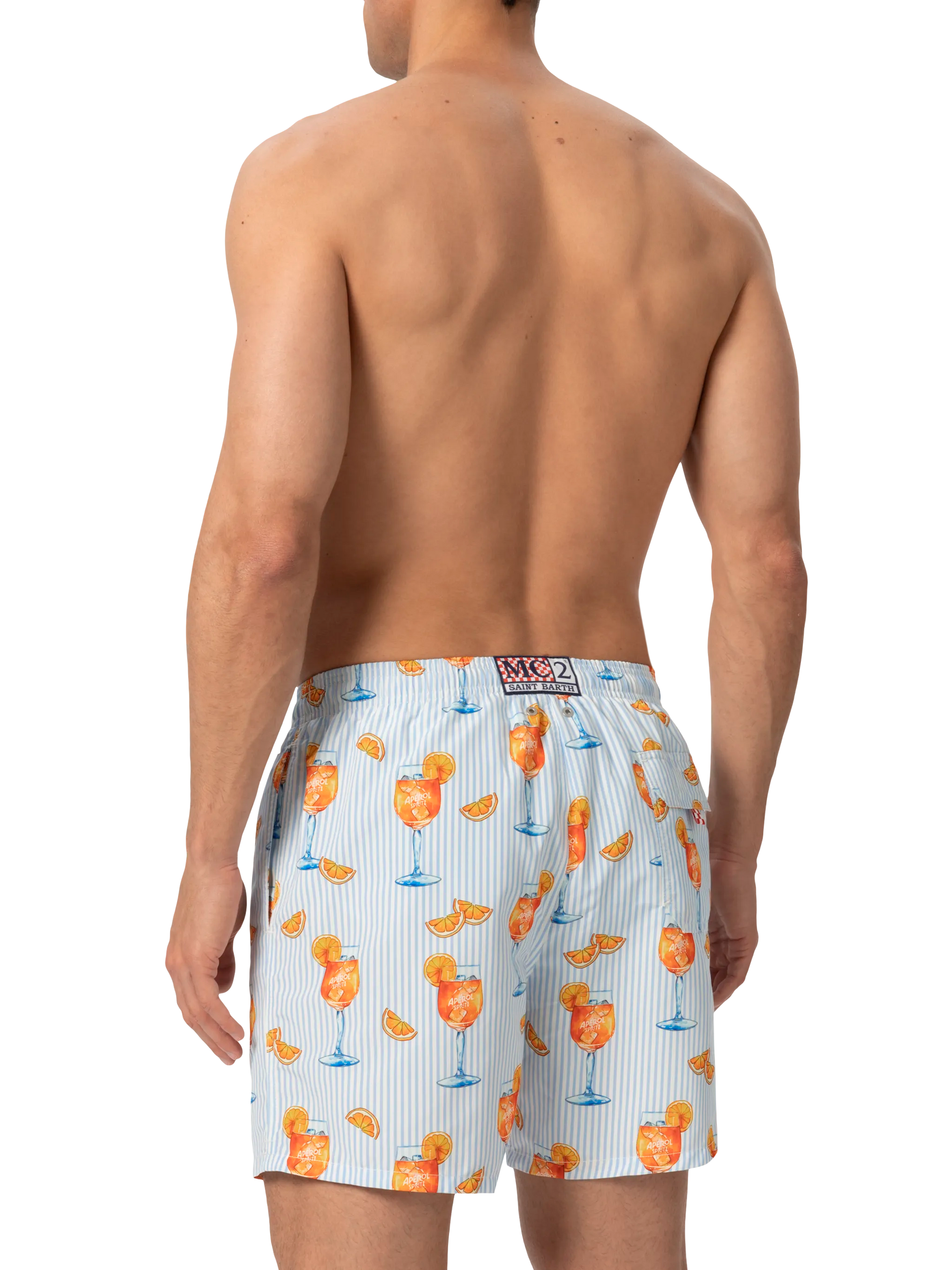 Mid-length Gustavia swim-shorts with Aperol Spritz and stripes print | APEROL SPECIAL EDITION - MC2 Saint Barth