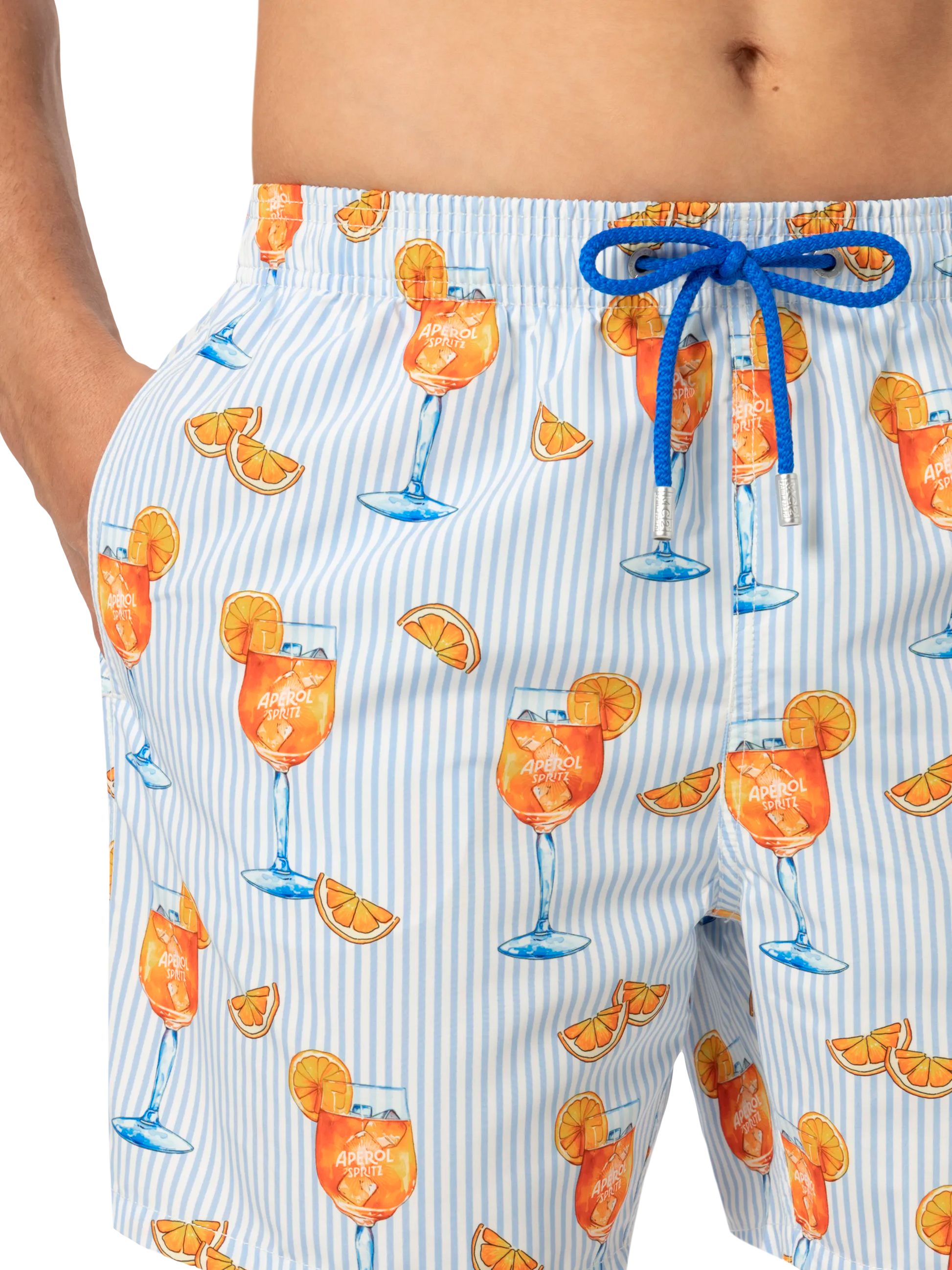 Mid-length Gustavia swim-shorts with Aperol Spritz and stripes print | APEROL SPECIAL EDITION - MC2 Saint Barth