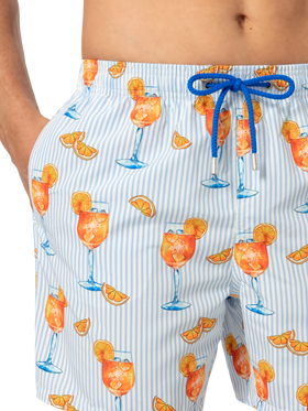 Mid-length Gustavia swim-shorts with Aperol Spritz and stripes print | APEROL SPECIAL EDITION - MC2 Saint Barth