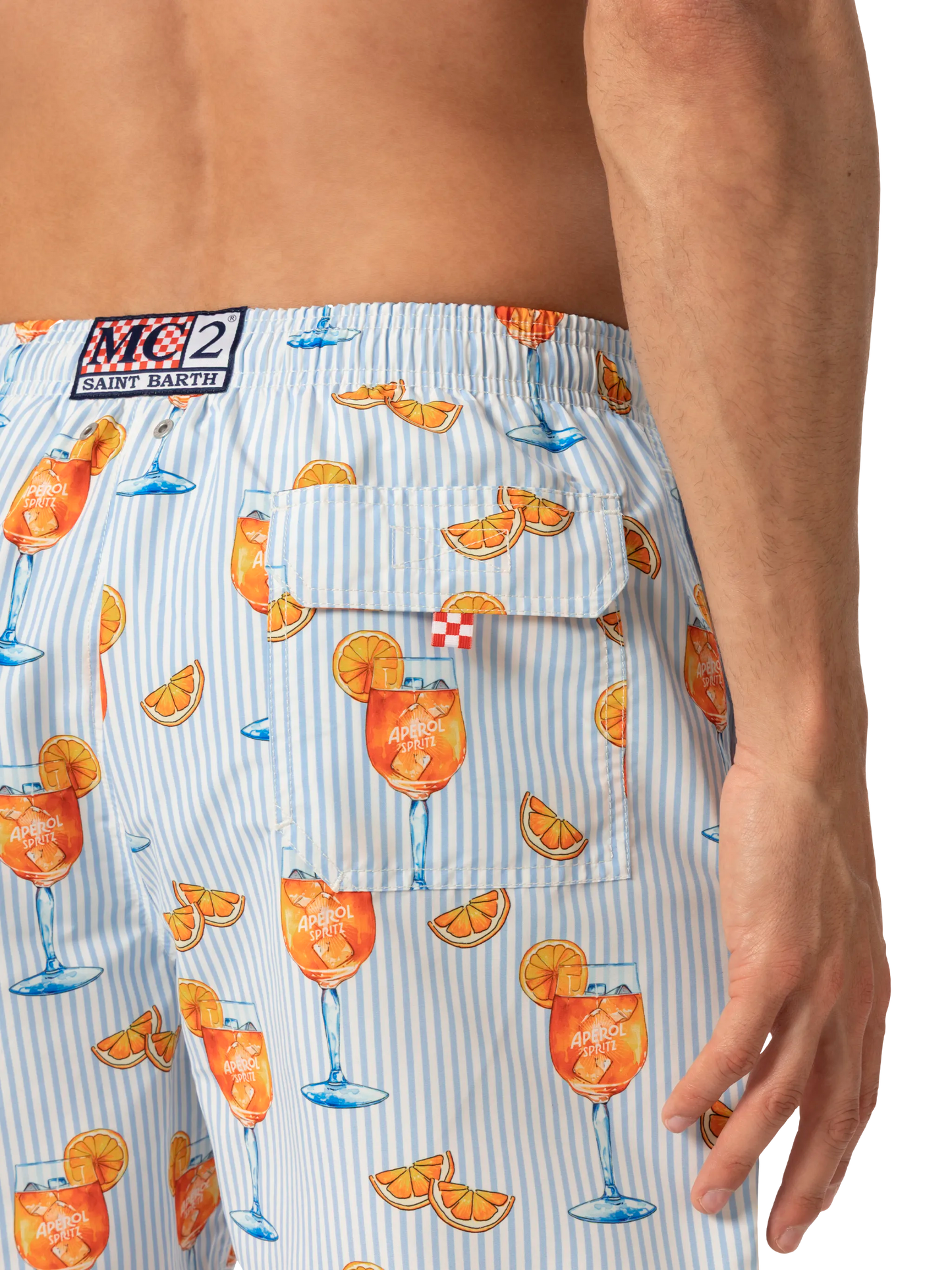 Mid-length Gustavia swim-shorts with Aperol Spritz and stripes print | APEROL SPECIAL EDITION - MC2 Saint Barth
