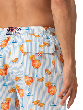 Mid-length Gustavia swim-shorts with Aperol Spritz and stripes print | APEROL SPECIAL EDITION - MC2 Saint Barth