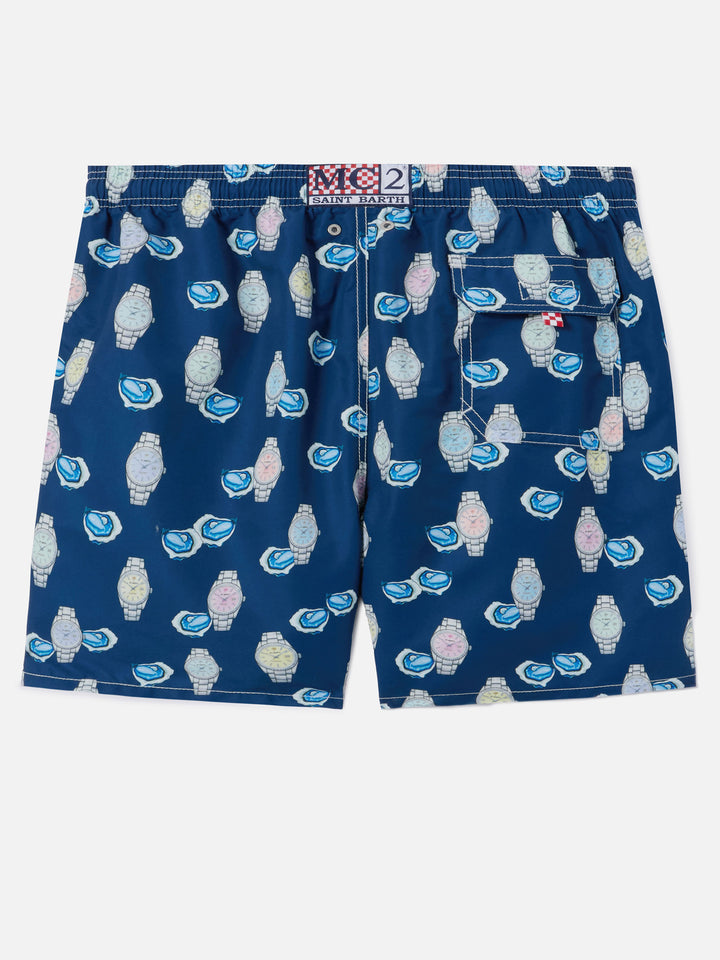 Gustavia swim shorts with oysters and watches print