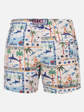 Mid-length Gustavia swim-shorts with shark print | AI CO-CREATED DESIGN BY RICKDICK - POWERED BY RED-EYE