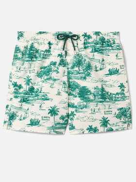 Gustavia swim shorts with green toile de jouy print