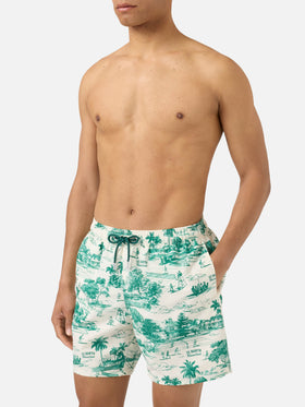 Gustavia swim shorts with green toile de jouy print