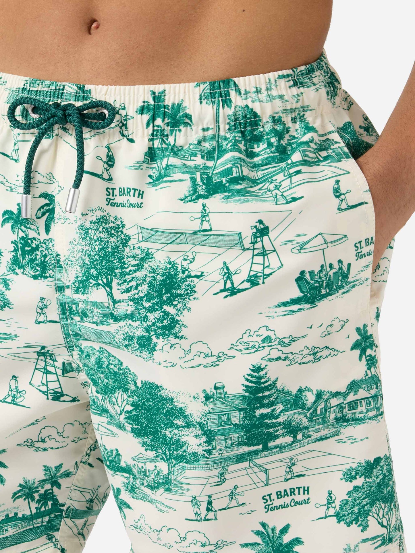 Gustavia swim shorts with green toile de jouy print