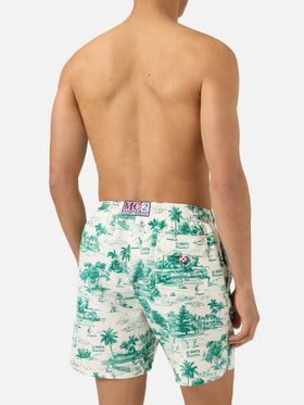 Gustavia swim shorts with green toile de jouy print