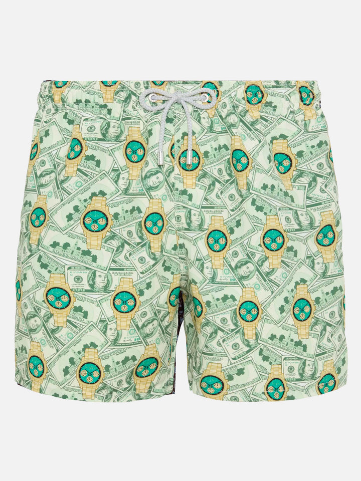 Mid-length Gustavia swim-shorts with watches print