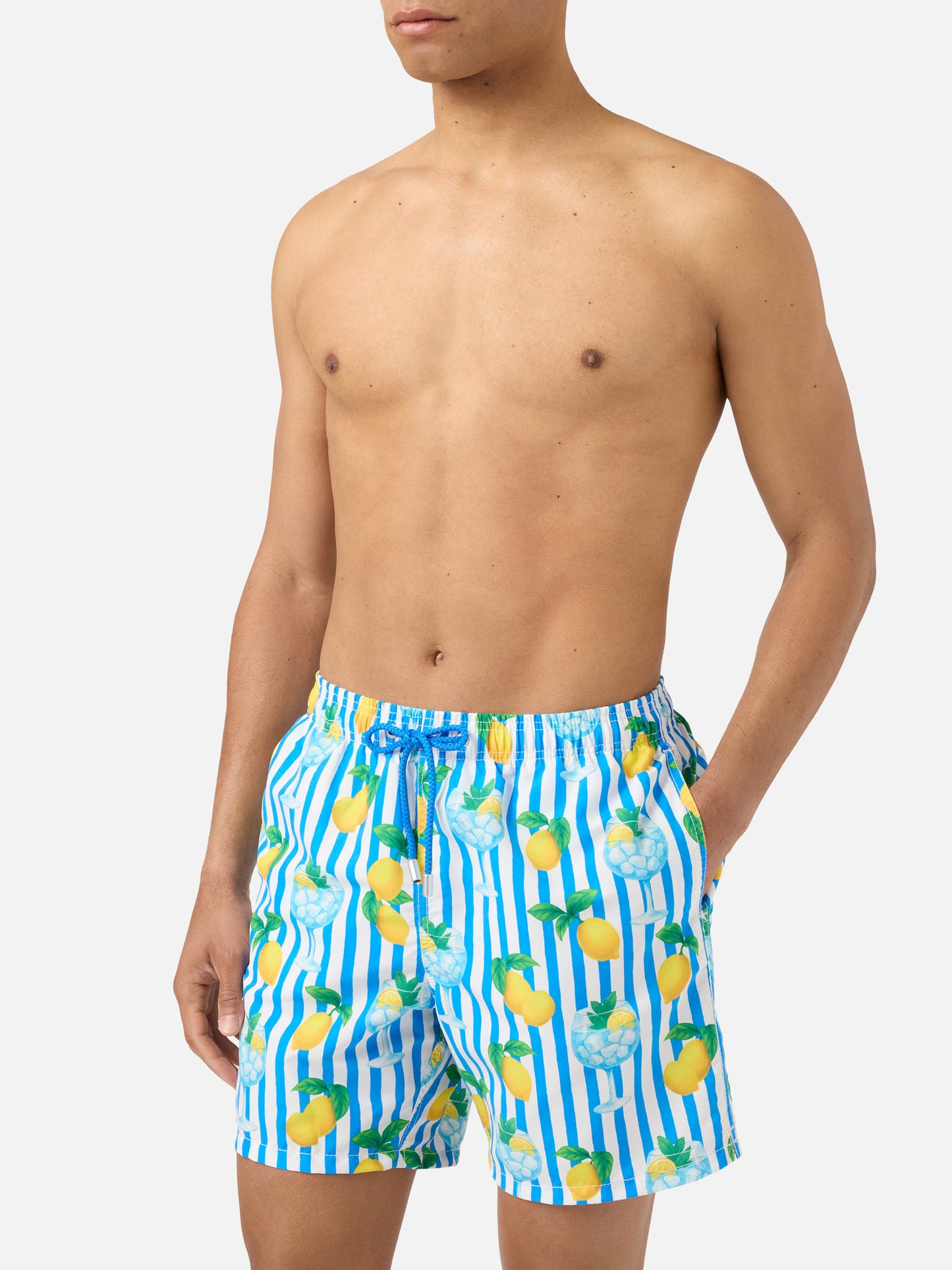 Gustavia striped swim shorts with gin tonic and lemon print