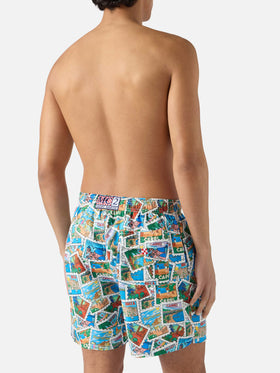 Gustavia swim shorts with all-over postcard print