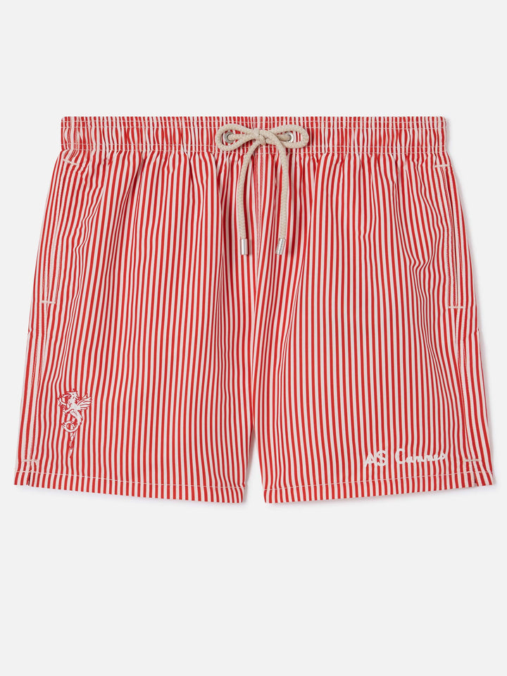 Gustavia red striped swim shorts with AS Cannes embroidery | AS CANNES SPECIAL EDITION