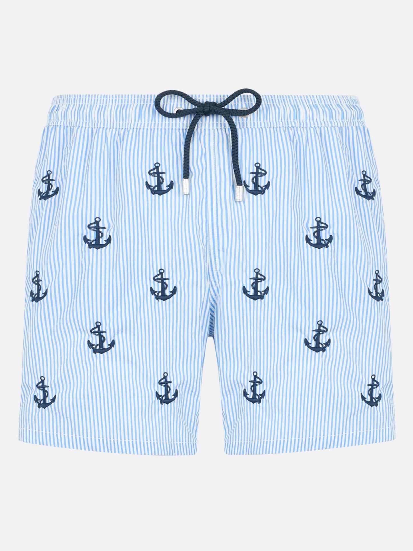 Man mid-length seersucker Gustavia swim shorts with anchors embroidery