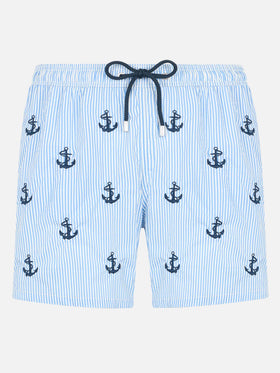 Man mid-length seersucker Gustavia swim shorts with anchors embroidery
