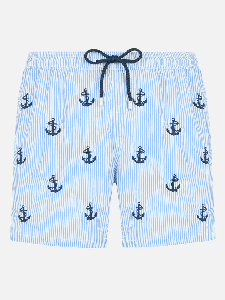 Mittellange Badeshorts für Herren aus Seersucker „Gustavia“ mit Ankerstickerei