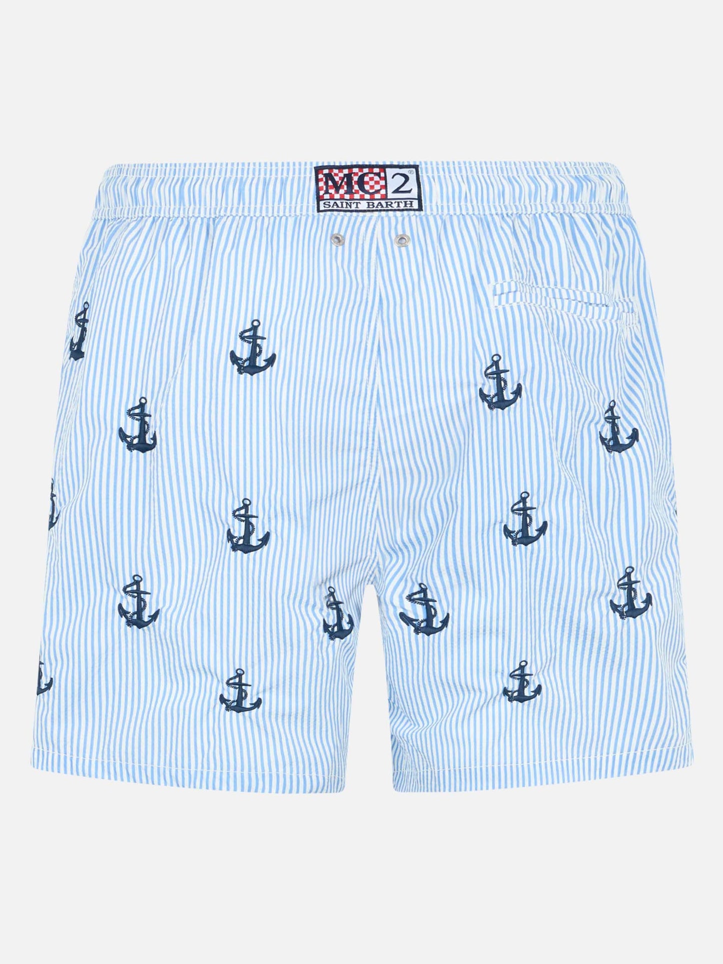 Man mid-length seersucker Gustavia swim shorts with anchors embroidery