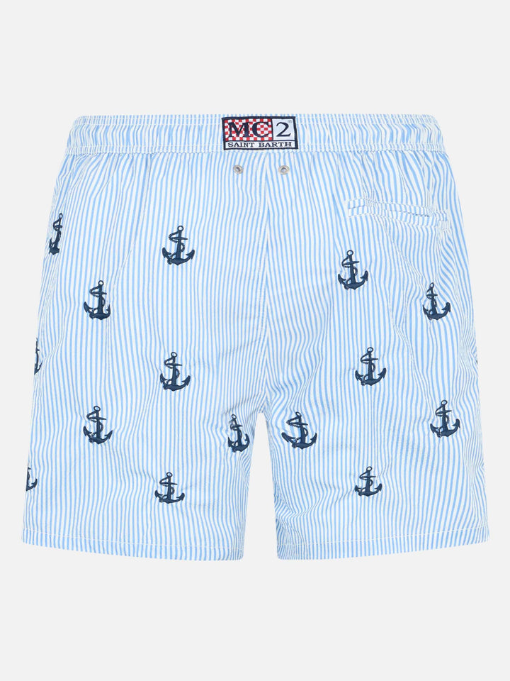 Mittellange Badeshorts für Herren aus Seersucker „Gustavia“ mit Ankerstickerei