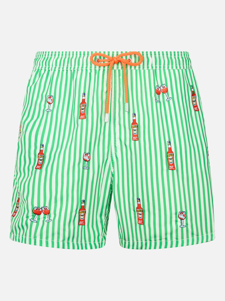 Man mid-length striped Gustavia swim-shorts with Aperol Spritz embroidery | APEROL SPECIAL EDITION - MC2 Saint Barth