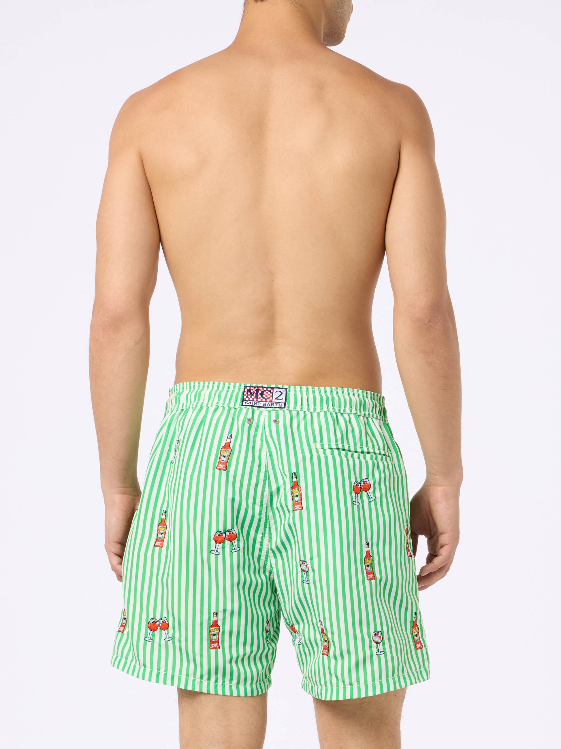 Man mid-length striped Gustavia swim-shorts with Aperol Spritz embroidery | APEROL SPECIAL EDITION - MC2 Saint Barth
