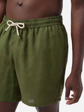 Gustavia military green plain-color linen swim shorts