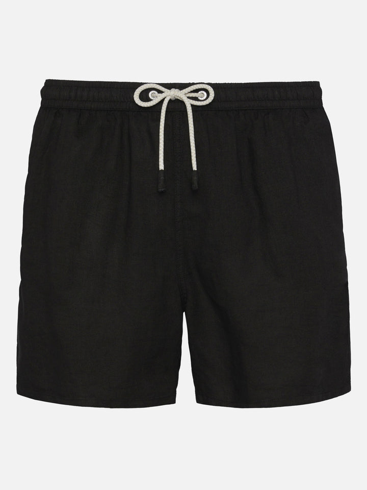 Mid-length black linen swim-shorts Gustavia