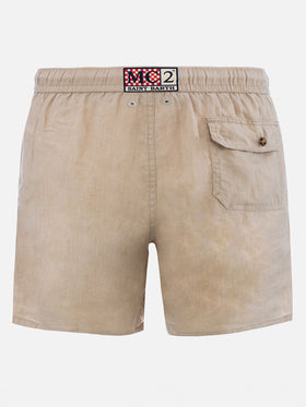 Mittellange beige Leinen-Badeshorts Gustavia