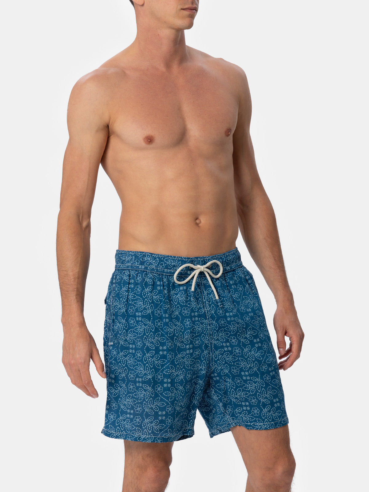 Man mid-length linen swim-shorts Gustavia with sashiko print - MC2 Saint Barth